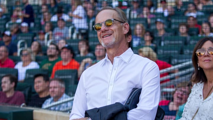 Jul 22, 2017; Minneapolis, MN, USA; Minnesota Twins owner Jim Pohlad watches a 30th anniversary celebration for the 1987 World Series Champion team prior to the game with the Detroit Tigers at Target Field. Mandatory Credit: Bruce Kluckhohn-Imagn Images