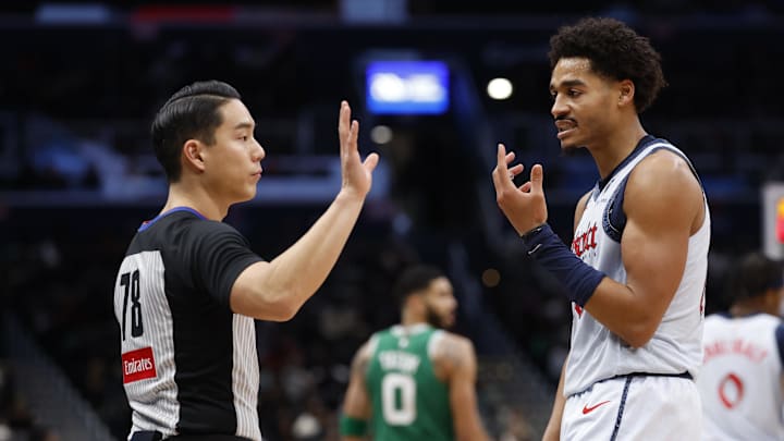 Dec 15, 2024; Washington, District of Columbia, USA; Washington Wizards guard Jordan Poole (13) argues a call with referee Evan Scott (78) against the Boston Celtics in the third quarter at Capital One Arena. Mandatory Credit: Geoff Burke-Imagn Images Dec 15, 2024; Washington, District of Columbia, USA; Washington Wizards guard Jordan Poole (13) argues a call with referee Evan Scott (78) against the Boston Celtics in the third quarter at Capital One Arena. Mandatory Credit: Geoff Burke-Imagn Images