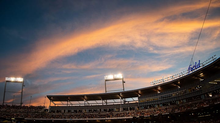 The sun sets during game one of the NCAA College World Series finals between Tennessee and Texas A&M at Charles Schwab Field in Omaha, Neb., on Saturday, June 22, 2024. The sun sets during game one of the NCAA College World Series finals between Tennessee and Texas A&M at Charles Schwab Field in Omaha, Neb., on Saturday, June 22, 2024.