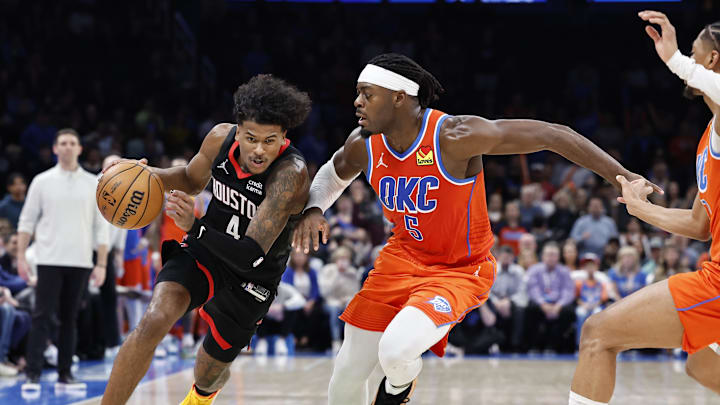 Mar 27, 2024; Oklahoma City, Oklahoma, USA; Houston Rockets guard Jalen Green (4) drives down the