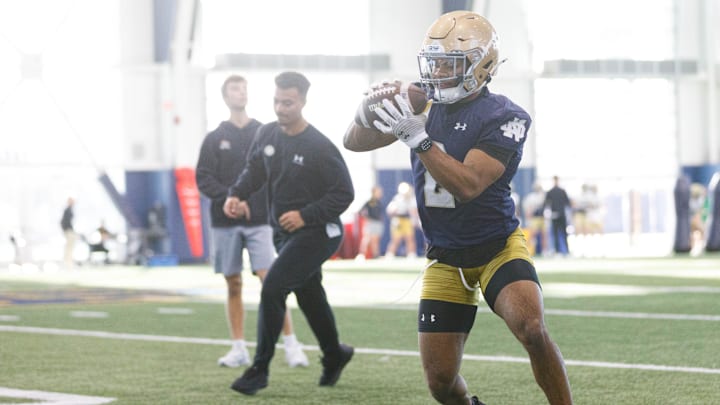 Notre Dame wide receiver Will Pauling during a Notre Dame football spring practice at Irish Athletic Center on Wednesday, March 19, 2025, in South Bend.