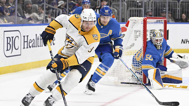 Feb 17, 2024; St. Louis, Missouri, USA; St. Louis Blues defenseman Colton Parayko (55) pressures