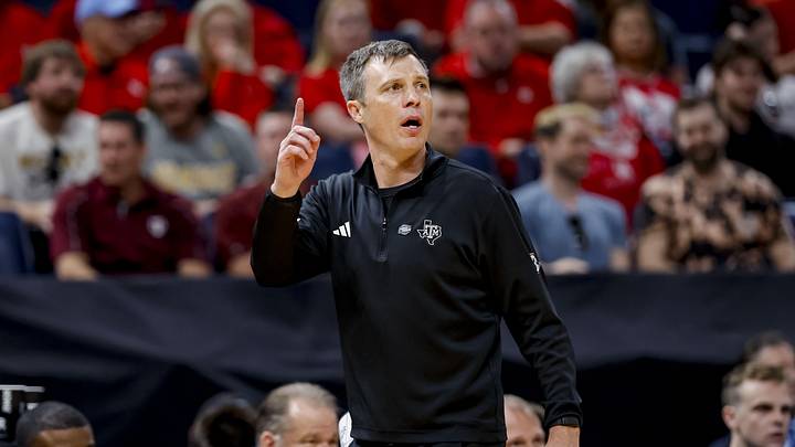 Texas A&M Aggies coach Bucky McMillan during a first-round game of the men's 2026 NCAA Tournament at Paycom Center.