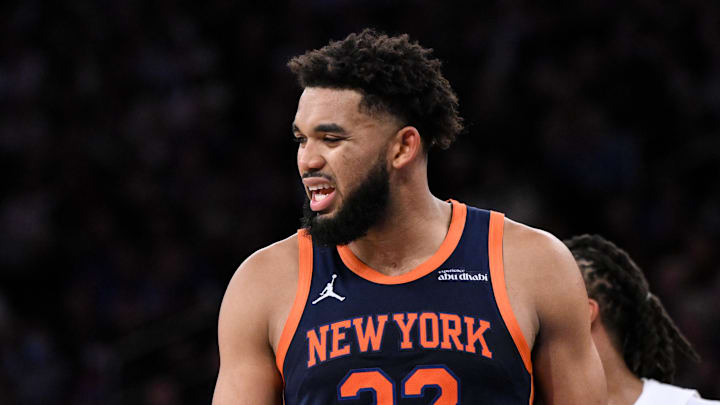 Oct 28, 2024; New York, New York, USA; New York Knicks center Karl-Anthony Towns (32) reacts during the second half against the Cleveland Cavaliers at Madison Square Garden. Mandatory Credit: John Jones-Imagn Images