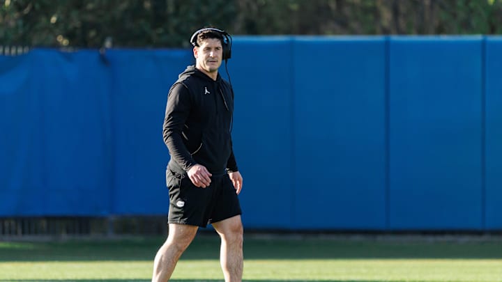Florida Gators co-defensive coordinator Vinnie Sunseri looks on during spring football practice at Heavener Football Complex at the University of Florida in Gainesville, FL on Thursday, March 6, 2025. [Matt Pendleton/Gainesville Sun]