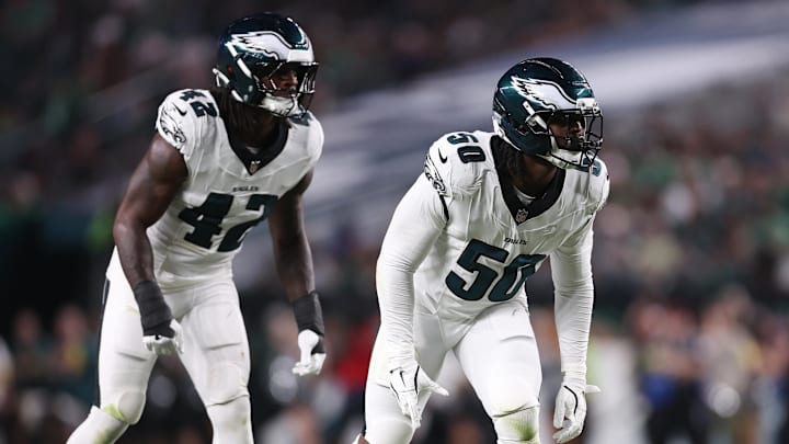 Aug 7, 2025; Philadelphia, Pennsylvania, USA; Philadelphia Eagles defensive end Ogbo Okoronkwo (50) an linebacker Smael Mondon Jr. (42) in a game against the Cincinnati Bengals at Lincoln Financial Field. Mandatory Credit: Bill Streicher-Imagn Images