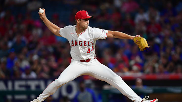 August 3, 2024; Anaheim, California, USA; Los Angeles Angels pitcher Ben Joyce (44) throws against the New York Mets during the ninth inning at Angel Stadium. Mandatory Credit: Gary A. Vasquez-Imagn Images