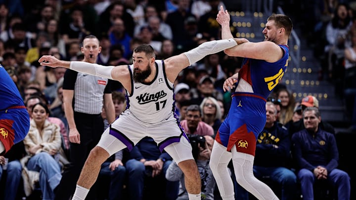 Mar 5, 2025; Denver, Colorado, USA; Sacramento Kings center Jonas Valanciunas (17) and Denver Nuggets center Nikola Jokic (15) battle for position in the second quarter at Ball Arena. Mandatory Credit: Isaiah J. Downing-Imagn Images Mar 5, 2025; Denver, Colorado, USA; Sacramento Kings center Jonas Valanciunas (17) and Denver Nuggets center Nikola Jokic (15) battle for position in the second quarter at Ball Arena. Mandatory Credit: Isaiah J. Downing-Imagn Images