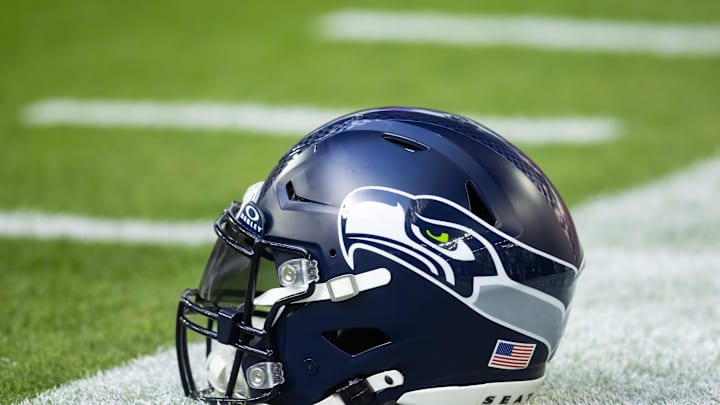 Dec 8, 2024; Glendale, Arizona, USA; Detailed view of a Seattle Seahawks helmet at State Farm Stadium. Mandatory Credit: Mark J. Rebilas-Imagn Images
