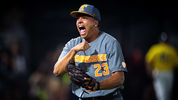 Tennessee pitcher Chase Burns (23) does a throat-slashing gesture while celebrating an inning-ending strikeout during game three of the NCAA baseball super regional between Tennessee and Southern Mississippi held at Pete Taylor Park in Hattiesburg, Miss., on Monday, June 12, 2023. Tennessee defeated Southern Miss 5-0 to earn a trip to the College World Series in Omaha.