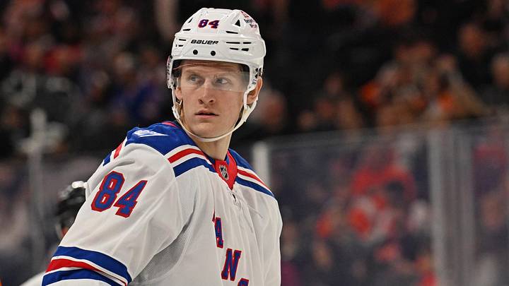 Mar 9, 2026; Philadelphia, Pennsylvania, USA; New York Rangers center Adam Edstrom (84) against the Philadelphia Flyers at Xfinity Mobile Arena. Mandatory Credit: Eric Hartline-Imagn Images