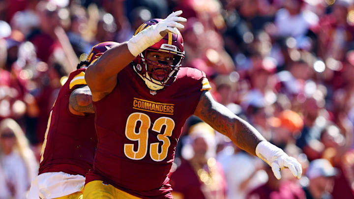 Oct 6, 2024; Landover, Maryland, USA; Washington Commanders defensive tackle Jonathan Allen (93) celebrates after a tackle during the second quarter against the Cleveland Browns at NorthWest Stadium. Mandatory Credit: Peter Casey-Imagn Images Oct 6, 2024; Landover, Maryland, USA; Washington Commanders defensive tackle Jonathan Allen (93) celebrates after a tackle during the second quarter against the Cleveland Browns at NorthWest Stadium. Mandatory Credit: Peter Casey-Imagn Images