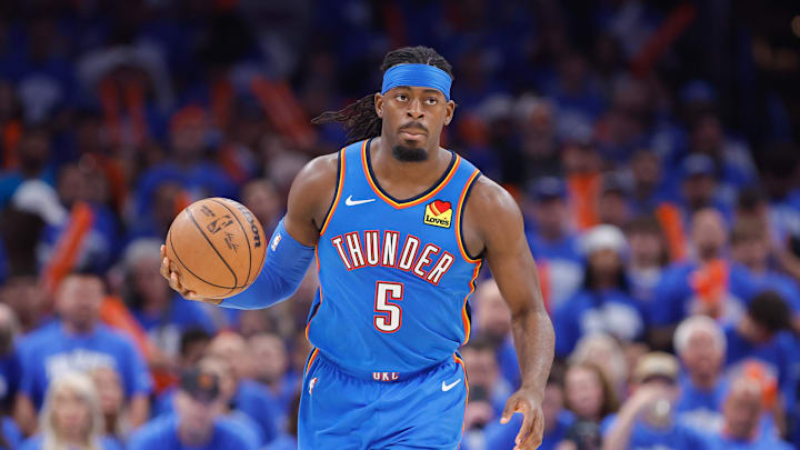 May 18, 2025; Oklahoma City, Oklahoma, USA; Oklahoma City Thunder guard Luguentz Dort (5) dribbles down the court against the Denver Nuggets in the second half during game seven of the second round for the 2025 NBA Playoffs at Paycom Center. Mandatory Credit: Alonzo Adams-Imagn Images