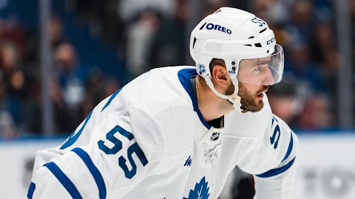 Jan 31, 2026; Vancouver, British Columbia, CAN; Toronto Maple Leafs forward Nicolas Roy (55) during a stop in play against the Vancouver Canucks in the second period at Rogers Arena. Mandatory Credit: Bob Frid-Imagn Images