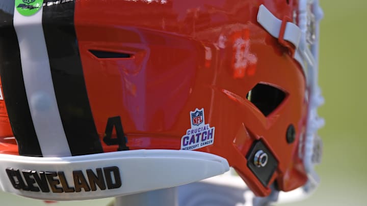 Oct 13, 2024; Philadelphia, Pennsylvania, USA; Cleveland Browns helmet with the Crucial Catch sticker on it before game against the Philadelphia Eagles at Lincoln Financial Field. Mandatory Credit: Eric Hartline-Imagn Images