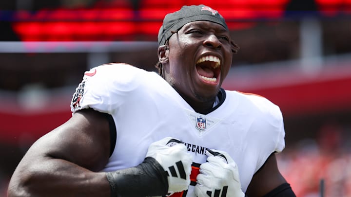 Tampa Bay Buccaneers linebacker Yaya Diaby is introduced before a game against the Denver Broncos.