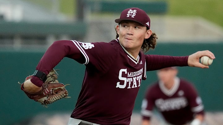 Mississippi State pitcher Pico Kohn makes a pitch against Alabama at Sewell-Thomas Stadium in Tuscaloosa Friday, April 11, 2025.
