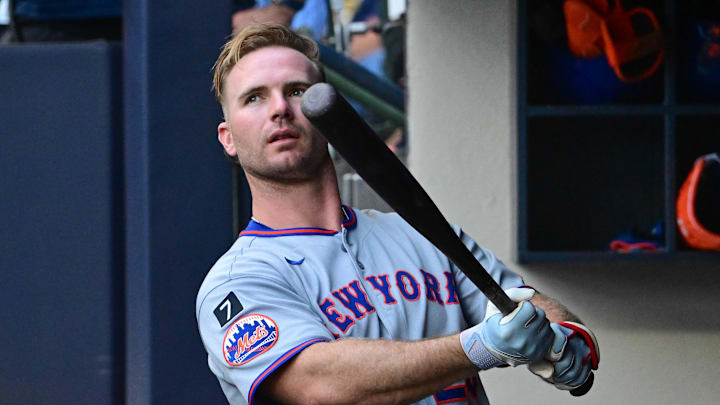 Milwaukee, Wisconsin, USA; New York Mets first baseman Pete Alonso (20) gets ready to bat in the first inning against the Milwaukee Brewers at American Family Field.