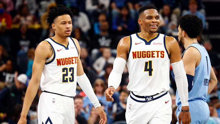 Nov 19, 2024; Memphis, Tennessee, USA; Denver Nuggets guard Trey Alexander (23) and guard Russell Westbrook (4) react after a foul call during the second half against the Memphis Grizzlies at FedExForum. Mandatory Credit: Petre Thomas-Imagn Images Nov 19, 2024; Memphis, Tennessee, USA; Denver Nuggets guard Trey Alexander (23) and guard Russell Westbrook (4) react after a foul call during the second half against the Memphis Grizzlies at FedExForum. Mandatory Credit: Petre Thomas-Imagn Images