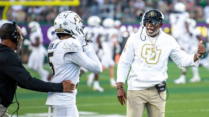 CU football head coach Deion Sanders, or Coach Prime, gives instruction to wide receiver Jimmy Horn Jr. (5) against CSU in the Rocky Mountain Showdown at Canvas Stadium on Saturday, Sept. 14, 2024, in Fort Collins, Colo. CU football head coach Deion Sanders, or Coach Prime, gives instruction to wide receiver Jimmy Horn Jr. (5) against CSU in the Rocky Mountain Showdown at Canvas Stadium on Saturday, Sept. 14, 2024, in Fort Collins, Colo.