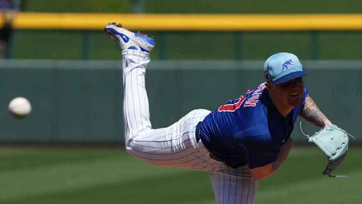 Chicago Cubs pitcher Cade Horton throws against the San Diego Padres in the first inning at Sloan Park in 2025.