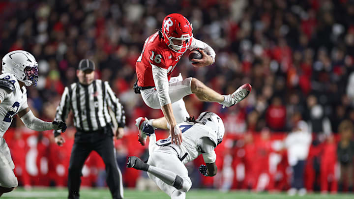Rutgers Scarlet Knights quarterback Athan Kaliakmanis (16). Credit: Vincent Carchietta-Imagn Images