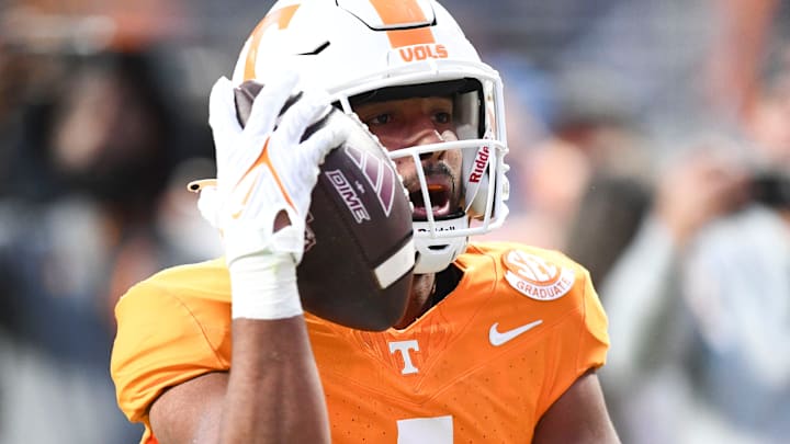 Tennessee defensive back Gabe Jeudy-Lally (1) holds onto the ball after making an interception