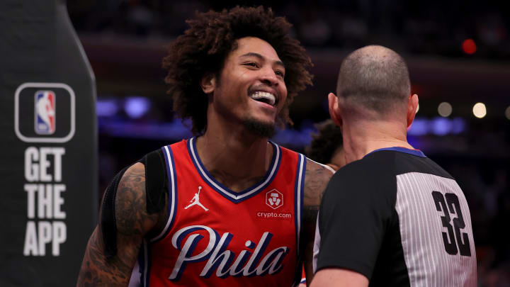 Mar 10, 2024; New York, New York, USA; Philadelphia 76ers guard Kelly Oubre Jr. (9) reacts after Mar 10, 2024; New York, New York, USA; Philadelphia 76ers guard Kelly Oubre Jr. (9) reacts after