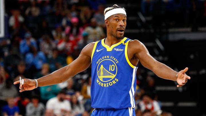 Memphis, Tennessee, USA; Golden State Warriors forward Jimmy Butler III (10) reacts during the third quarter against the Memphis Grizzlies at FedExForum. Mandatory Credit: Petre Thomas-Imagn Images