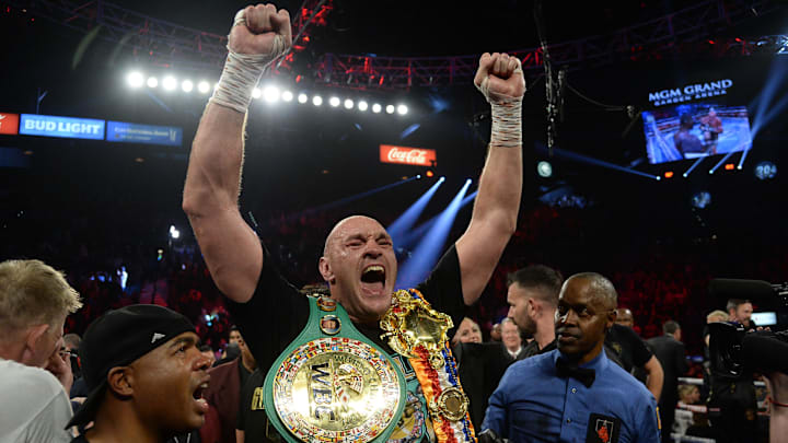 Feb 22, 2020; Las Vegas, Nevada, USA; Tyson Fury celebrates after defeating Deontay Wilder in their