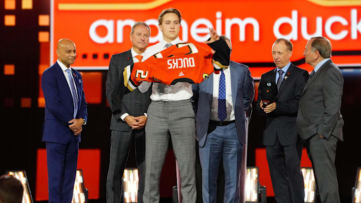 Jun 28, 2024; Las Vegas, Nevada, USA; Stian Solberg is selected by the Anaheim Ducks with the 23rd overall pick in the first round of the 2024 NHL Draft at The Sphere. Mandatory Credit: Stephen R. Sylvanie-Imagn Images