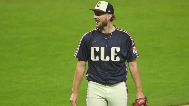 Sep 18, 2024; Cleveland, Ohio, USA; Cleveland Guardians starting pitcher Tanner Bibee (28) reacts after giving up a run in the fifth inning against the Minnesota Twins at Progressive Field. Mandatory Credit: David Richard-Imagn Images