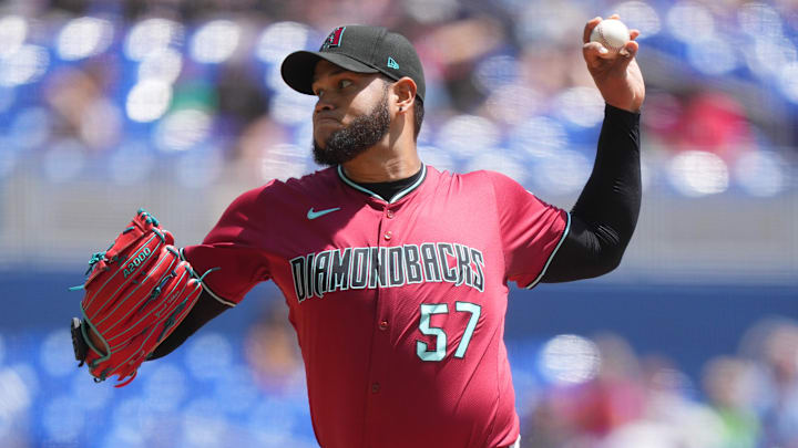 Apr 17, 2025; Miami, Florida, USA; Arizona Diamondbacks pitcher Eduardo Rodriguez (57) pitches against the Miami Marlins in the first inning at loanDepot Park. Mandatory Credit: Jim Rassol-Imagn Images Apr 17, 2025; Miami, Florida, USA; Arizona Diamondbacks pitcher Eduardo Rodriguez (57) pitches against the Miami Marlins in the first inning at loanDepot Park. Mandatory Credit: Jim Rassol-Imagn Images