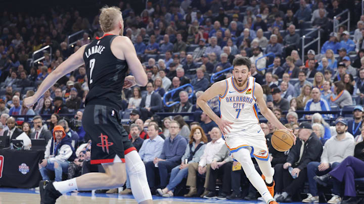 Mar 3, 2025; Oklahoma City, Oklahoma, USA; Oklahoma City Thunder forward Chet Holmgren (7) drives to the basket against the Houston Rockets during the first quarter at Paycom Center. Mandatory Credit: Alonzo Adams-Imagn Images