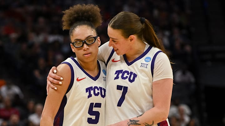 Mar 28, 2026; Sacramento, CA, USA; Texas Christian University Horned Frogs guard Olivia Miles (5) and forward Marta Suárez (7) embrace after a called foul during the second quarter of the game against the Virginia Cavaliers in the Sweet Sixteen game of the Sacramento Regional 4 of the women's 2026 NCAA Tournament at Golden 1 Center. Mar 28, 2026; Sacramento, CA, USA; Texas Christian University Horned Frogs guard Olivia Miles (5) and forward Marta Suárez (7) embrace after a called foul during the second quarter of the game against the Virginia Cavaliers in the Sweet Sixteen game of the Sacramento Regional 4 of the women's 2026 NCAA Tournament at Golden 1 Center.