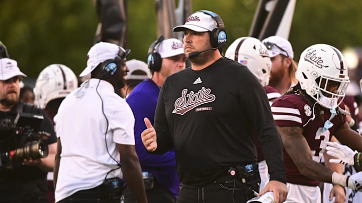 Oct 19, 2024; Starkville, Mississippi, USA; Mississippi State Bulldogs head coach Jeff Lebby stands on the sidelines during the fourth quarter against the Texas A&M Aggies at Davis Wade Stadium at Scott Field. Mandatory Credit: Matt Bush-Imagn Images