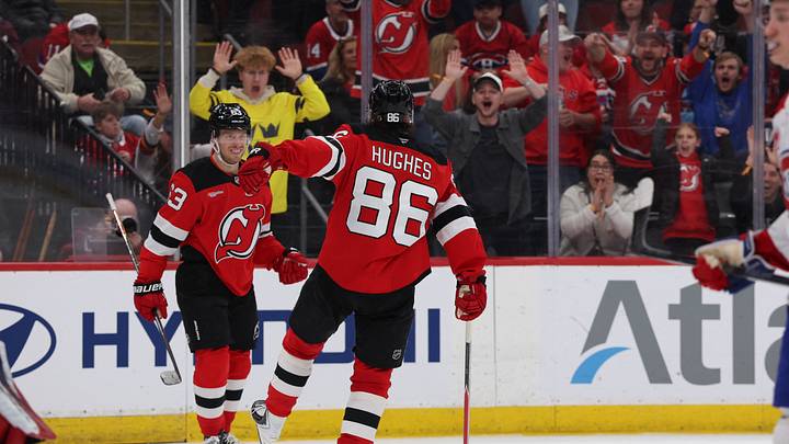 Apr 4, 2026; Newark, New Jersey, USA; New Jersey Devils center Jack Hughes (86) celebrates his goal against the Montréal Canadiens during the second period at Prudential Center. Mandatory Credit: Thomas Salus-Imagn Images Apr 4, 2026; Newark, New Jersey, USA; New Jersey Devils center Jack Hughes (86) celebrates his goal against the Montréal Canadiens during the second period at Prudential Center. Mandatory Credit: Thomas Salus-Imagn Images