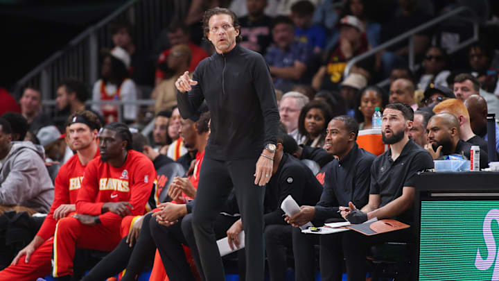 Mar 21, 2026; Atlanta, Georgia, USA; Atlanta Hawks head coach Quin Snyder on the sideline against the Golden State Warriors in the third quarter at State Farm Arena. Mandatory Credit: Brett Davis-Imagn Images
Mar 21, 2026; Atlanta, Georgia, USA; Atlanta Hawks head coach Quin Snyder on the sideline against the Golden State Warriors in the third quarter at State Farm Arena. Mandatory Credit: Brett Davis-Imagn Images
