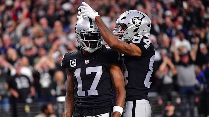 Las Vegas Raiders wide receiver Davante Adams celebrates his touchdown scored against the Indianapolis Colts.