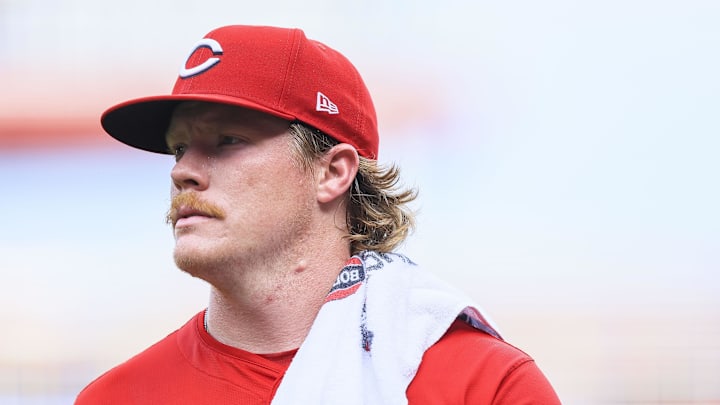 Jul 9, 2025; Cincinnati, Ohio, USA; Cincinnati Reds starting pitcher Andrew Abbott (41) walks to the dugout before the game against the Miami Marlins at Great American Ball Park. Mandatory Credit: Katie Stratman-Imagn Images