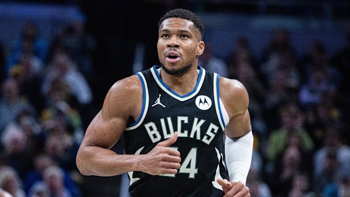 Dec 31, 2024; Indianapolis, Indiana, USA; Milwaukee Bucks forward Giannis Antetokounmpo (34)  in the second half against the Indiana Pacers at Gainbridge Fieldhouse. Mandatory Credit: Trevor Ruszkowski-Imagn Images