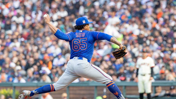Jul 27, 2025; San Francisco, California, USA; New York Mets pitcher Gregory Soto (65) throws a pitch during the seventh inning against the San Francisco Giants at Oracle Park. Mandatory Credit: Bob Kupbens-Imagn Images