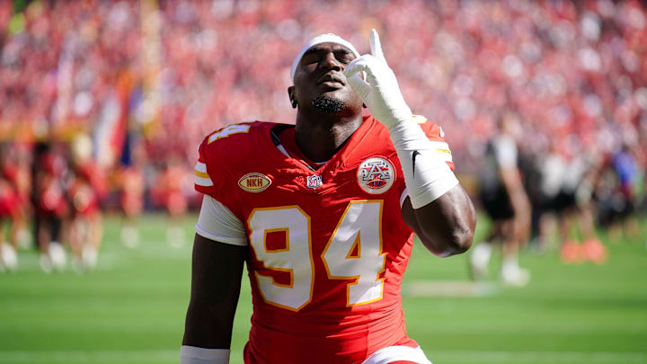 Sep 24, 2023; Kansas City, Missouri, USA; Kansas City Chiefs defensive end Malik Herring (94) kneels on field against the Chicago Bears prior to a game at GEHA Field at Arrowhead Stadium. Mandatory Credit: Denny Medley-Imagn Images