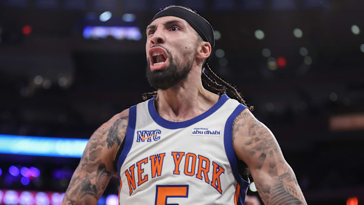 Feb 21, 2026; New York, New York, USA;  New York Knicks guard Jose Alvarado (5) celebrates after scoring in the fourth quarter against the Houston Rockets at Madison Square Garden. Mandatory Credit: Wendell Cruz-Imagn Images