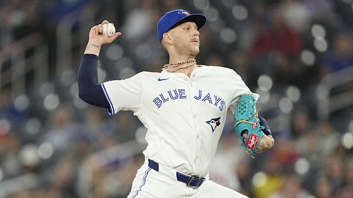 Toronto Blue Jays starting pitcher Bowden Francis (44) pitches to the Boston Red Sox during the first inning at Rogers Centre on April 29.