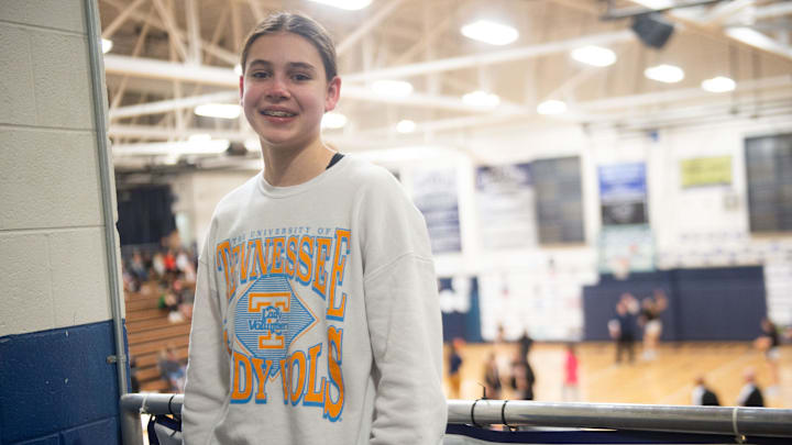 Eighth-grade Lady Vols basketball commit Finley Chastain poses for a portrait in Farragut, Tenn. on Friday, Feb. 17, 2023.

Kns Vols Bama Hoops