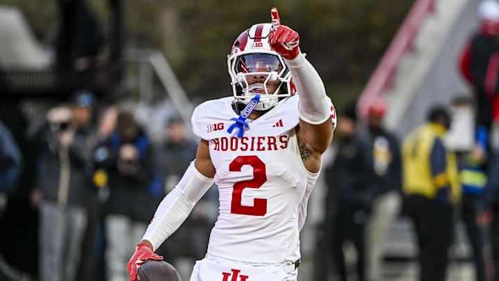 Nov 1, 2025; College Park, Maryland, USA;  Indiana Hoosiers defensive back Byron Baldwin Jr. (2) celebrates after recovering a Maryland Terrapins fumble during the second half at SECU Stadium. Mandatory Credit: Tommy Gilligan-Imagn Images