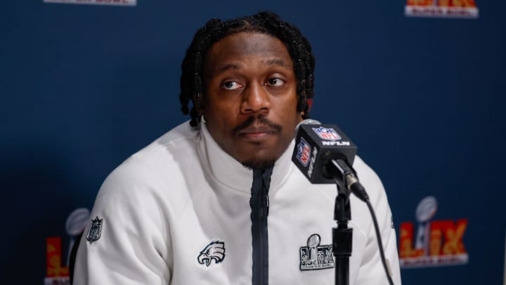 Feb 6, 2025; New Orleans, LA, USA;   Philadelphia Eagles wide receiver A.J. Brown (11) during a press conference in advance of Super Bowl LIX at New Orleans Marriott. Mandatory Credit: Stephen Lew-Imagn Images