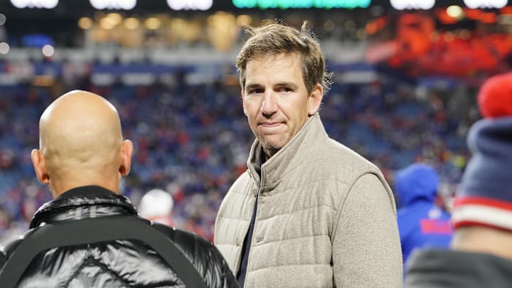 Oct 15, 2023; Orchard Park, New York, USA; Former New York Giants quarterback Eli Manning prior to