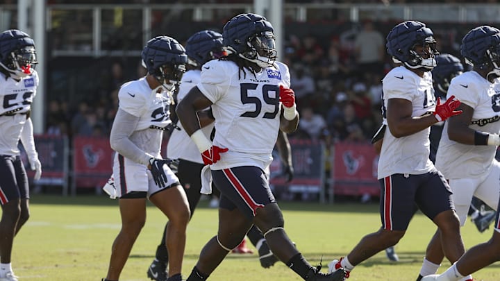 Jul 29, 2024; Houston, TX, USA; Houston Texans defensive tackle Marcus Harris (59) during training camp at Houston Methodist Training Center. Mandatory Credit: Troy Taormina-Imagn Images